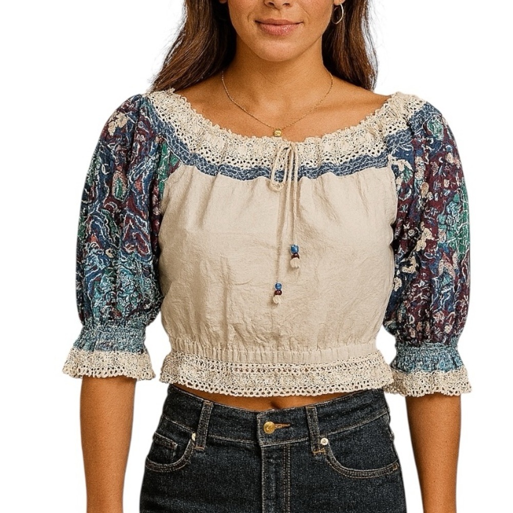 Cropped Small Crochet Natural Fiber Blouse Balloon Sleeves Hippie Boho Festival